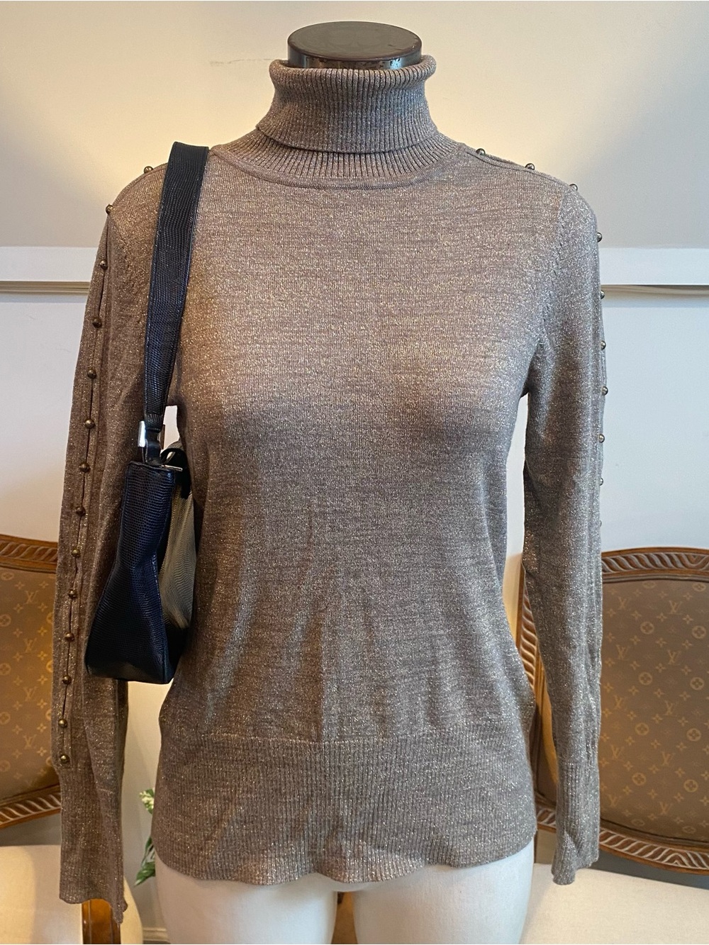 Vintage Cache Metallic Taupe Gold Turtleneck Sweater Size M